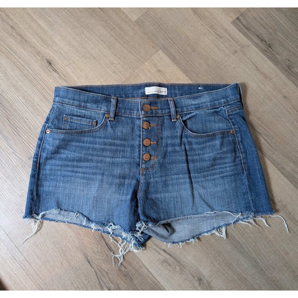 Ann Taylor Loft Blue Denim Shorts Size 8 Exposed Button Fly Cut Off Preppy Cute